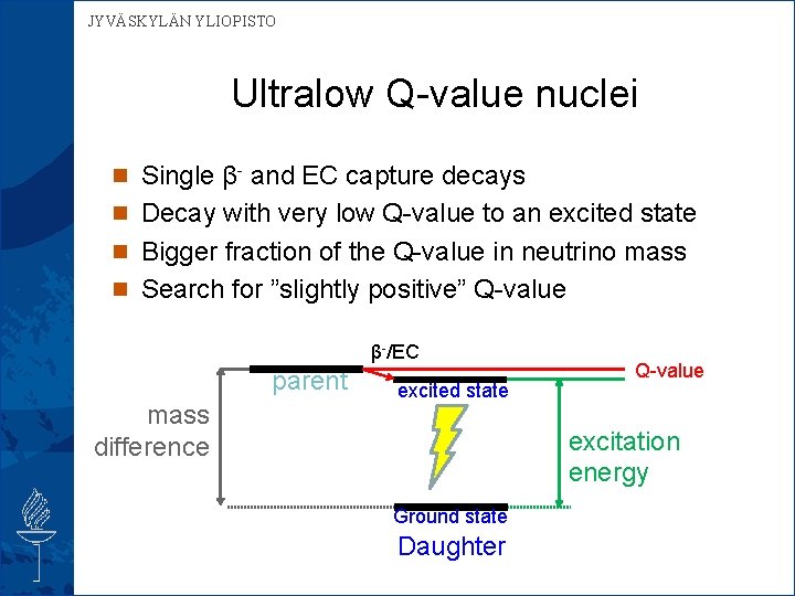 JYVÄSKYLÄN YLIOPISTO Ultralow Q-value nuclei n Single β- and EC capture decays n Decay