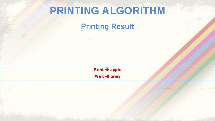 PRINTING ALGORITHM Printing Result Print apple Print army 