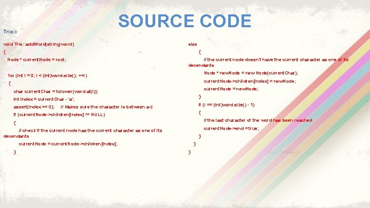 SOURCE CODE Trie. c void Trie: : add. Word(string word) else { { Node