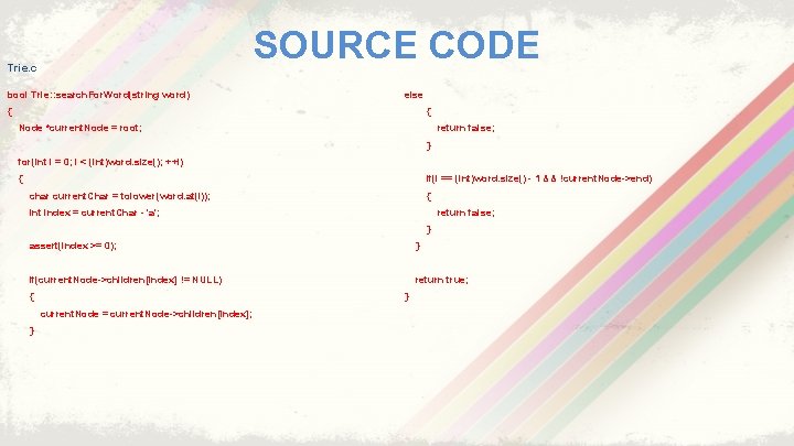 SOURCE CODE Trie. c bool Trie: : search. For. Word(string word) else { {