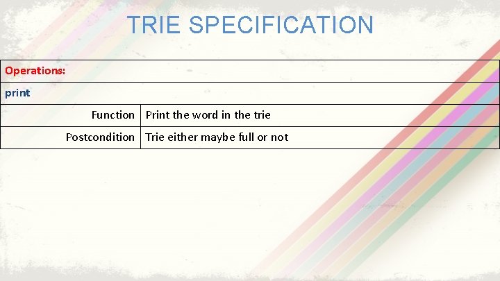 TRIE SPECIFICATION Operations: print Function Print the word in the trie Postcondition Trie either