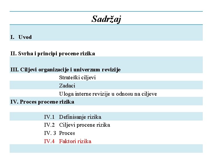 Sadržaj I. Uvod II. Svrha i principi procene rizika III. Ciljevi organizacije i univerzum