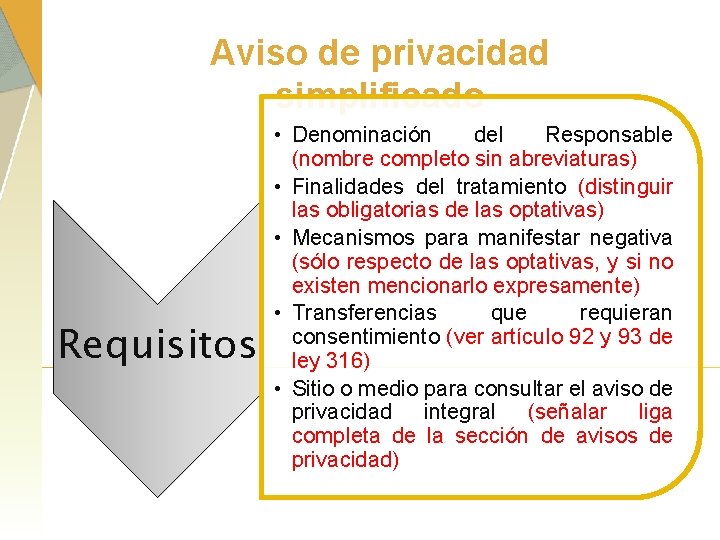 Aviso de privacidad simplificado Requisitos • Denominación del Responsable (nombre completo sin abreviaturas) •