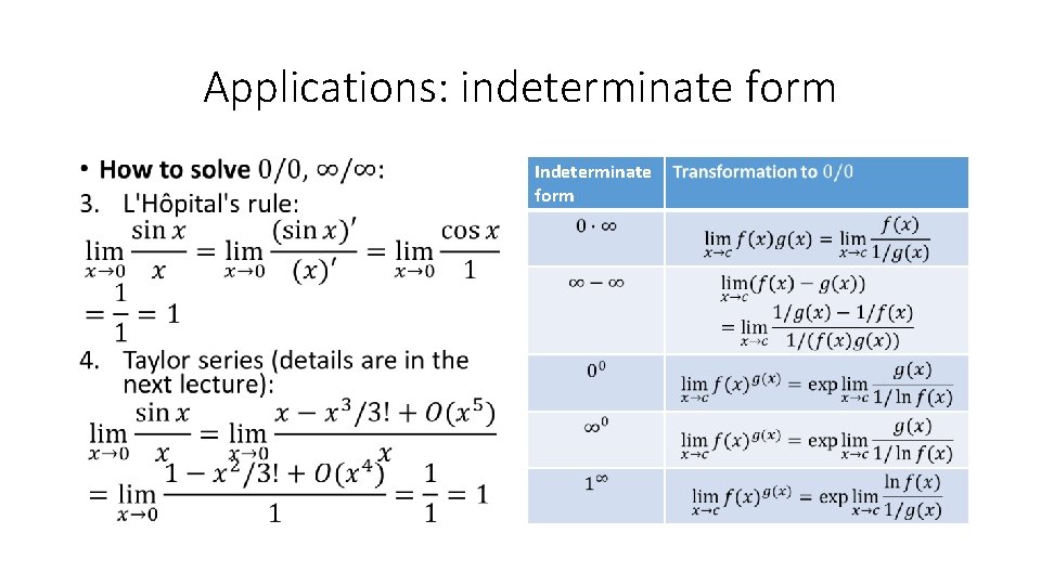 Applications: indeterminate form • Indeterminate form 