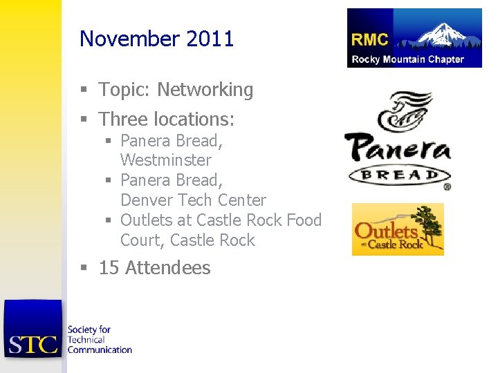 November 2011 § Topic: Networking § Three locations: § Panera Bread, Westminster § Panera