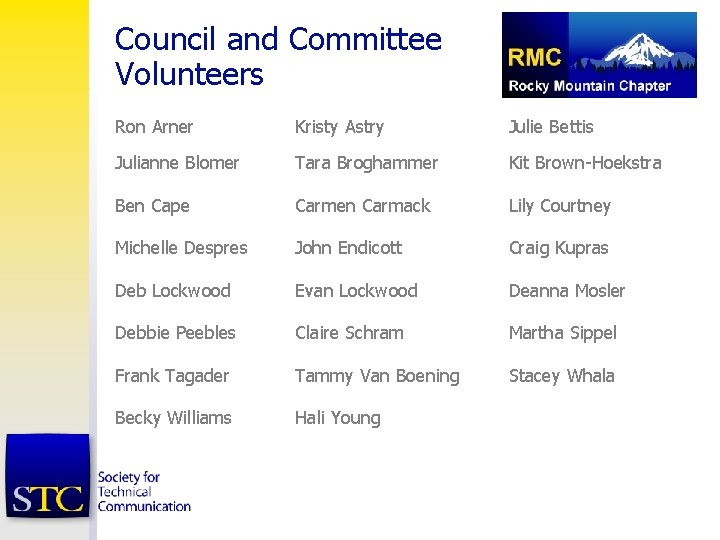Council and Committee Volunteers Ron Arner Kristy Astry Julie Bettis Julianne Blomer Tara Broghammer