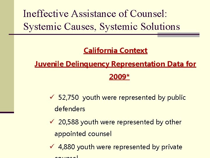 Ineffective Assistance of Counsel: Systemic Causes, Systemic Solutions California Context Juvenile Delinquency Representation Data