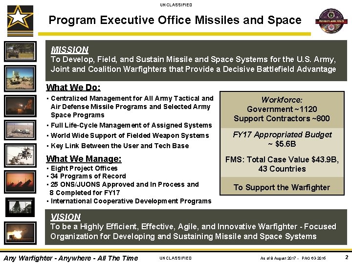 UNCLASSIFIED Program Executive Office Missiles and Space MISSION To Develop, Field, and Sustain Missile