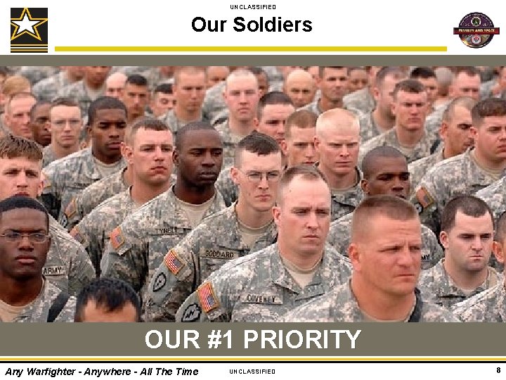 UNCLASSIFIED Our Soldiers OUR #1 PRIORITY Any Warfighter - Anywhere - All The Time