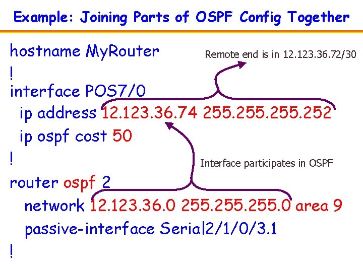Example: Joining Parts of OSPF Config Together hostname My. Router Remote end is in