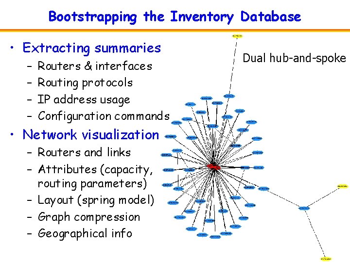 Bootstrapping the Inventory Database • Extracting summaries – – Routers & interfaces Routing protocols