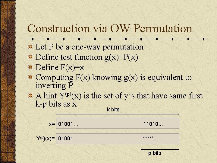 Construction via OW Permutation Let P be a one-way permutation Define test function g(x)=P(x)