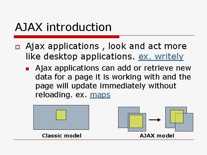 AJAX introduction o Ajax applications , look and act more like desktop applications. ex.