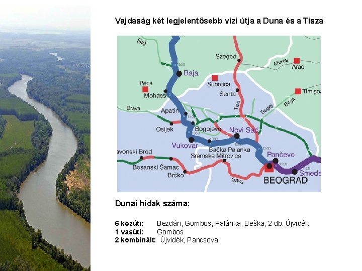 Vajdaság két legjelentősebb vízi útja a Duna és a Tisza Dunai hidak száma: 6