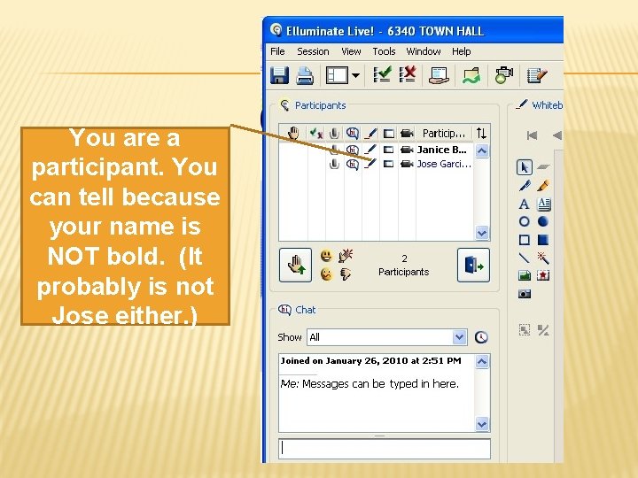 You are a participant. You can tell because your name is NOT bold. (It