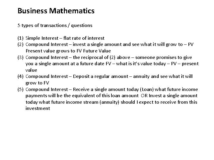 Business Mathematics 5 types of transactions questions 1