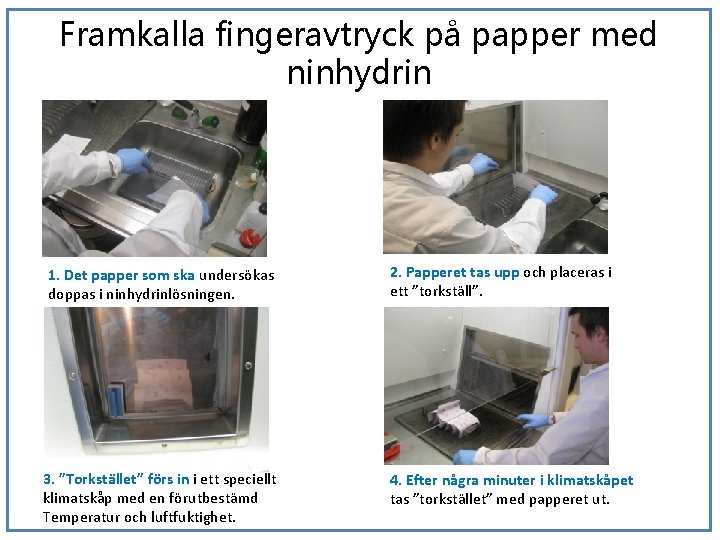 Framkalla fingeravtryck på papper med ninhydrin 1. Det papper som ska undersökas doppas i