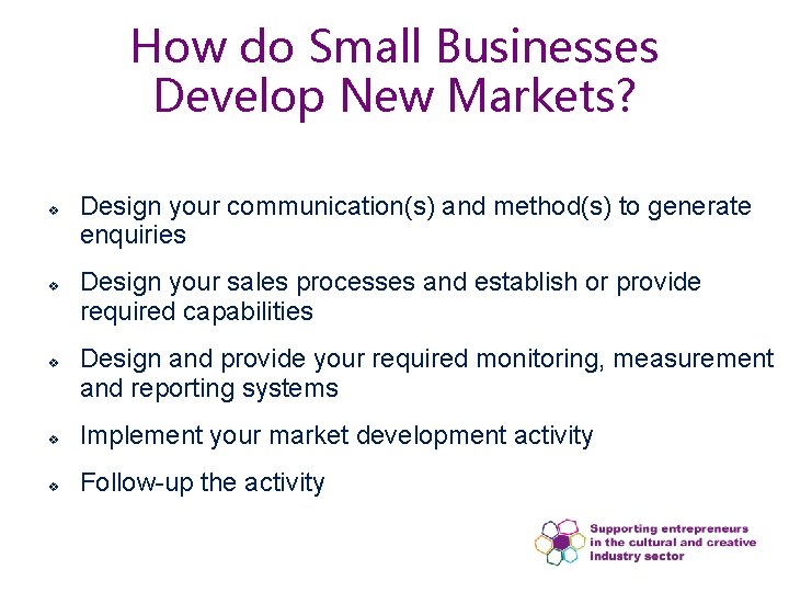 How do Small Businesses Develop New Markets? v v v Design your communication(s) and