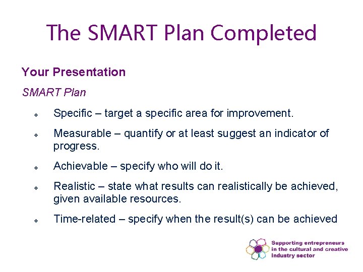 The SMART Plan Completed Your Presentation SMART Plan v v v Specific – target