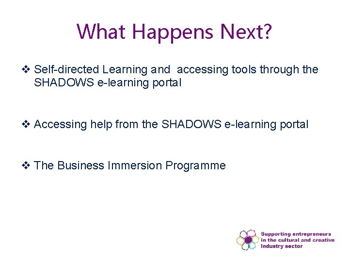 What Happens Next? v Self-directed Learning and accessing tools through the SHADOWS e-learning portal