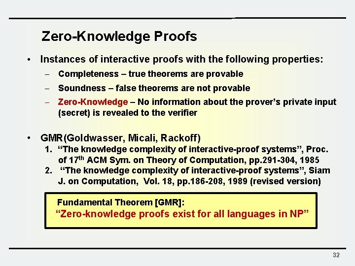 Zero-Knowledge Proofs • Instances of interactive proofs with the following properties: – Completeness –