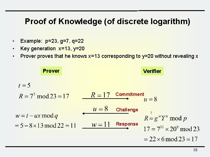 Proof of Knowledge (of discrete logarithm) • • • Example: p=23, g=7, q=22 Key