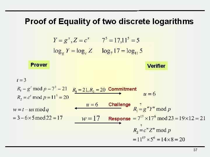 Proof of Equality of two discrete logarithms Prover Verifier Commitment Challenge Response 37 