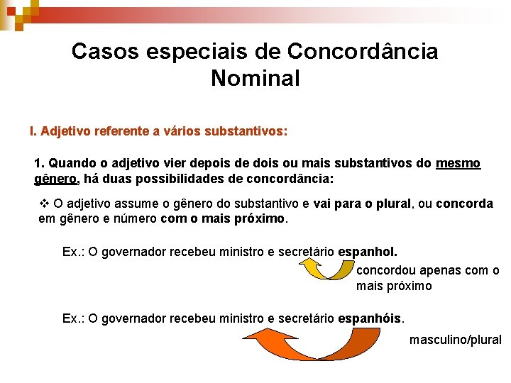 Casos especiais de Concordância Nominal I. Adjetivo referente a vários substantivos: 1. Quando o