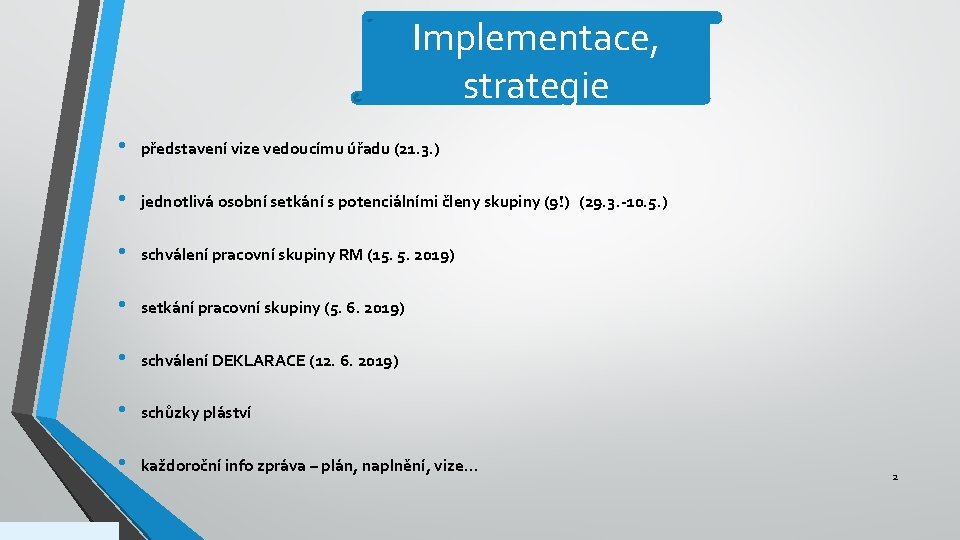 Implementace, strategie • představení vize vedoucímu úřadu (21. 3. ) • jednotlivá osobní setkání