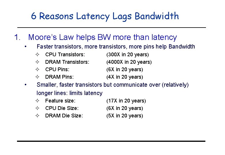 6 Reasons Latency Lags Bandwidth 1. Moore’s Law helps BW more than latency •