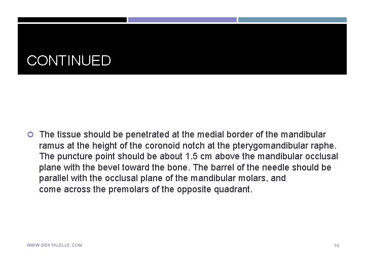 CONTINUED The tissue should be penetrated at the medial border of the mandibular ramus CONTINUED The tissue should be penetrated at the medial border of the mandibular ramus