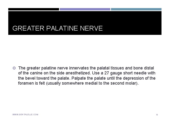 GREATER PALATINE NERVE The greater palatine nerve innervates the palatal tissues and bone distal GREATER PALATINE NERVE The greater palatine nerve innervates the palatal tissues and bone distal