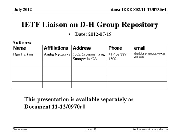 July 2012 doc. : IEEE 802. 11 -12/0735 r 4 IETF Liaison on D-H