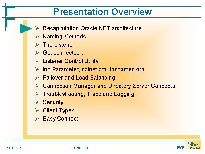 Presentation Overview Ø Ø Ø 23. 3. 2006 Recapitulation Oracle NET architecture Naming Methods