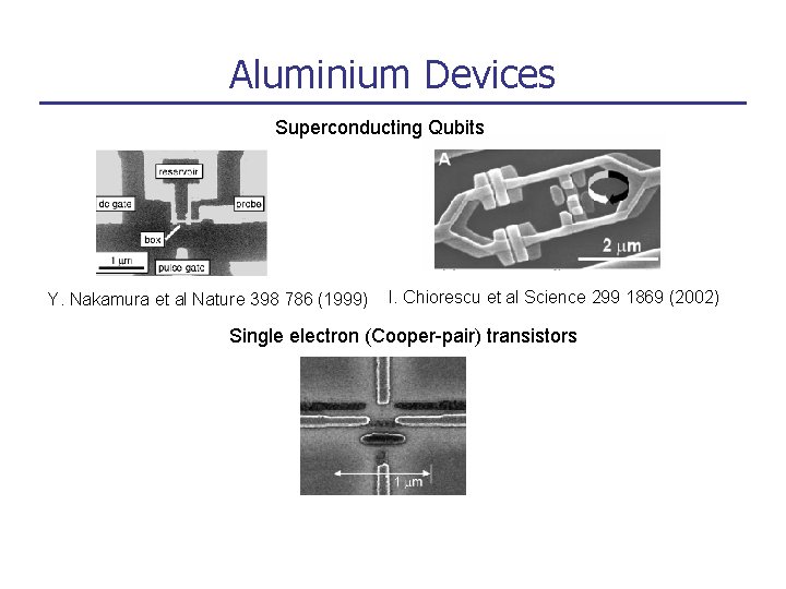 Aluminium Devices Superconducting Qubits Y. Nakamura et al Nature 398 786 (1999) I. Chiorescu