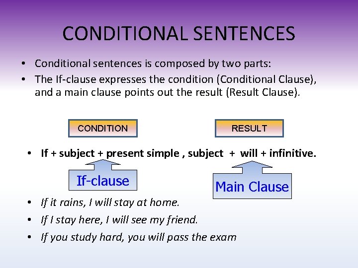 CONDITIONAL SENTENCES • Conditional sentences is composed by two parts: • The If-clause expresses