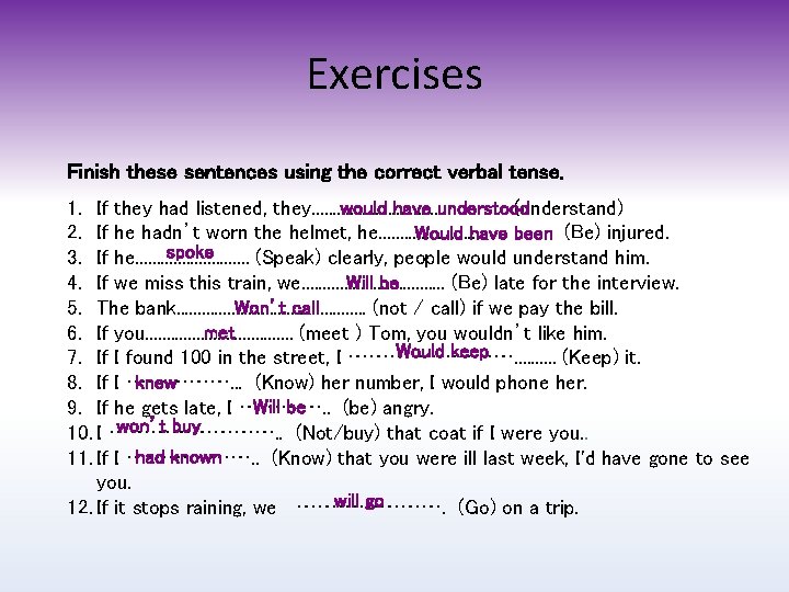 Exercises Finish these sentences using the correct verbal tense. 1. If they had listened,