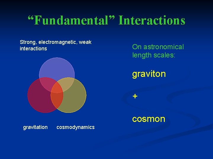 “Fundamental” Interactions Strong, electromagnetic, weak interactions On astronomical length scales: graviton + cosmon gravitation