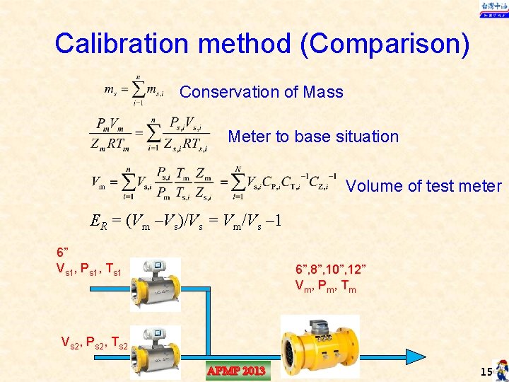 Calibration method (Comparison) Conservation of Mass Meter to base situation Volume of test meter