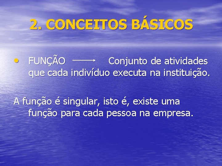 2. CONCEITOS BÁSICOS • FUNÇÃO Conjunto de atividades que cada indivíduo executa na instituição.