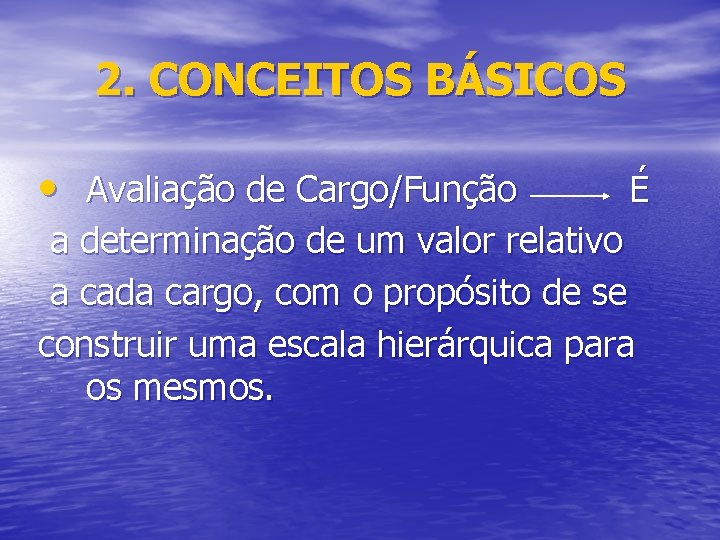 2. CONCEITOS BÁSICOS • Avaliação de Cargo/Função É a determinação de um valor relativo