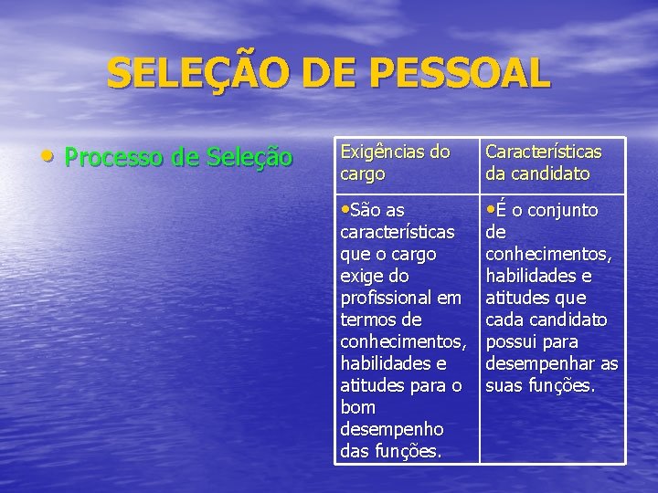 SELEÇÃO DE PESSOAL • Processo de Seleção Exigências do cargo Características da candidato •
