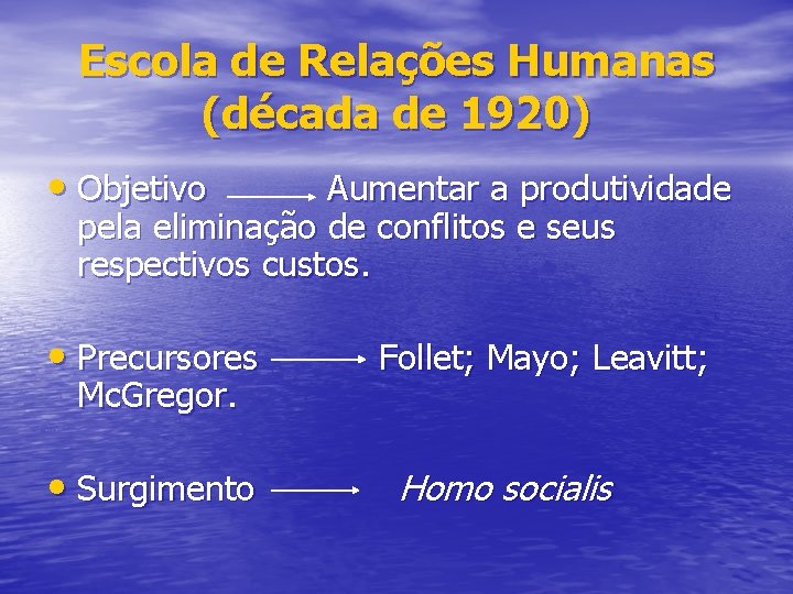 Escola de Relações Humanas (década de 1920) • Objetivo Aumentar a produtividade pela eliminação