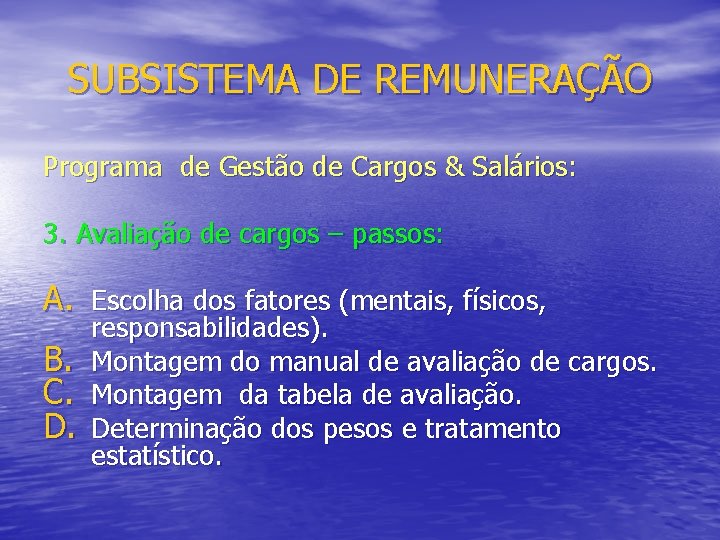 SUBSISTEMA DE REMUNERAÇÃO Programa de Gestão de Cargos & Salários: 3. Avaliação de cargos