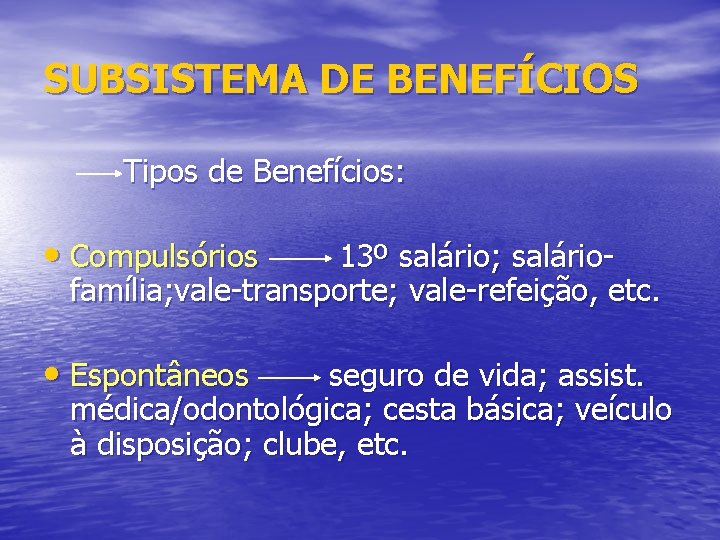 SUBSISTEMA DE BENEFÍCIOS Tipos de Benefícios: • Compulsórios 13º salário; saláriofamília; vale-transporte; vale-refeição, etc.