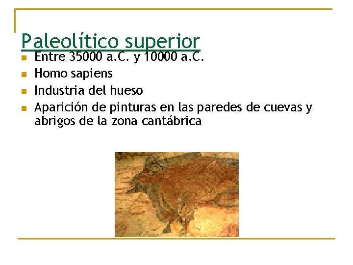 Paleolítico superior n n Entre 35000 a. C. y 10000 a. C. Homo sapiens