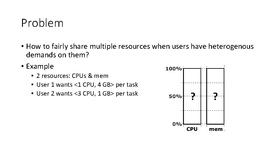 Problem • How to fairly share multiple resources when users have heterogenous demands on