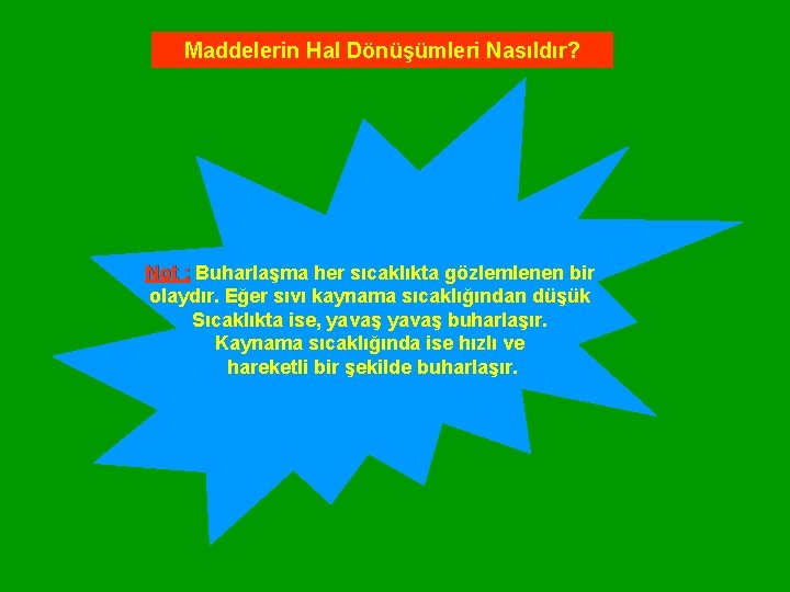 Maddelerin Hal Dönüşümleri Nasıldır? Not : Buharlaşma her sıcaklıkta gözlemlenen bir olaydır. Eğer sıvı