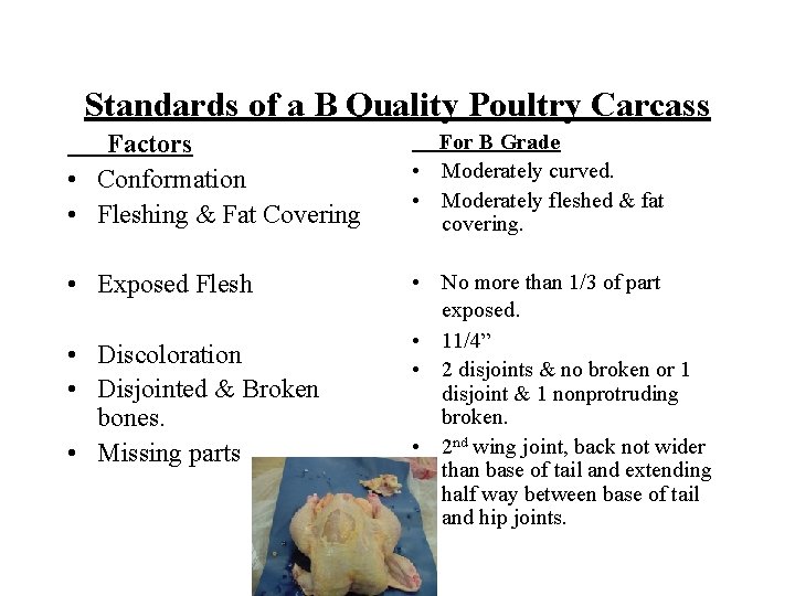 Standards of a B Quality Poultry Carcass Factors • Conformation • Fleshing & Fat