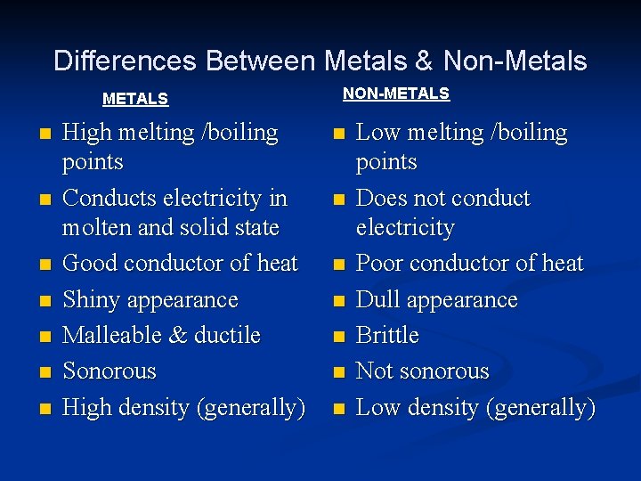 Differences Between Metals & Non-Metals METALS n n n n High melting /boiling points